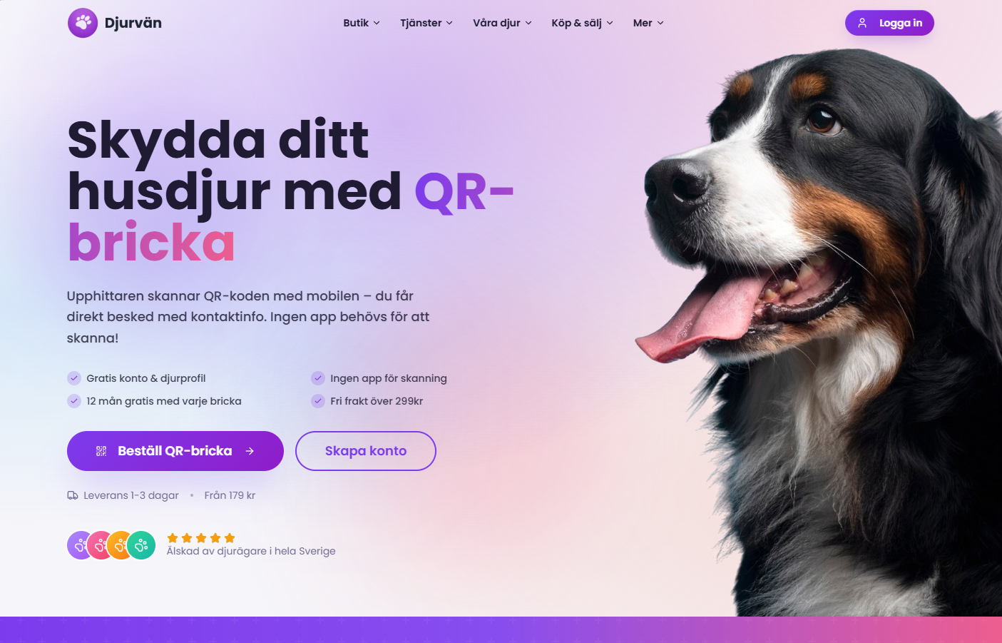 Djurvän - QR-bricka för husdjur. Skanna med mobilen och få direkt kontaktinfo till ägaren utan att behöva ladda ner en app.