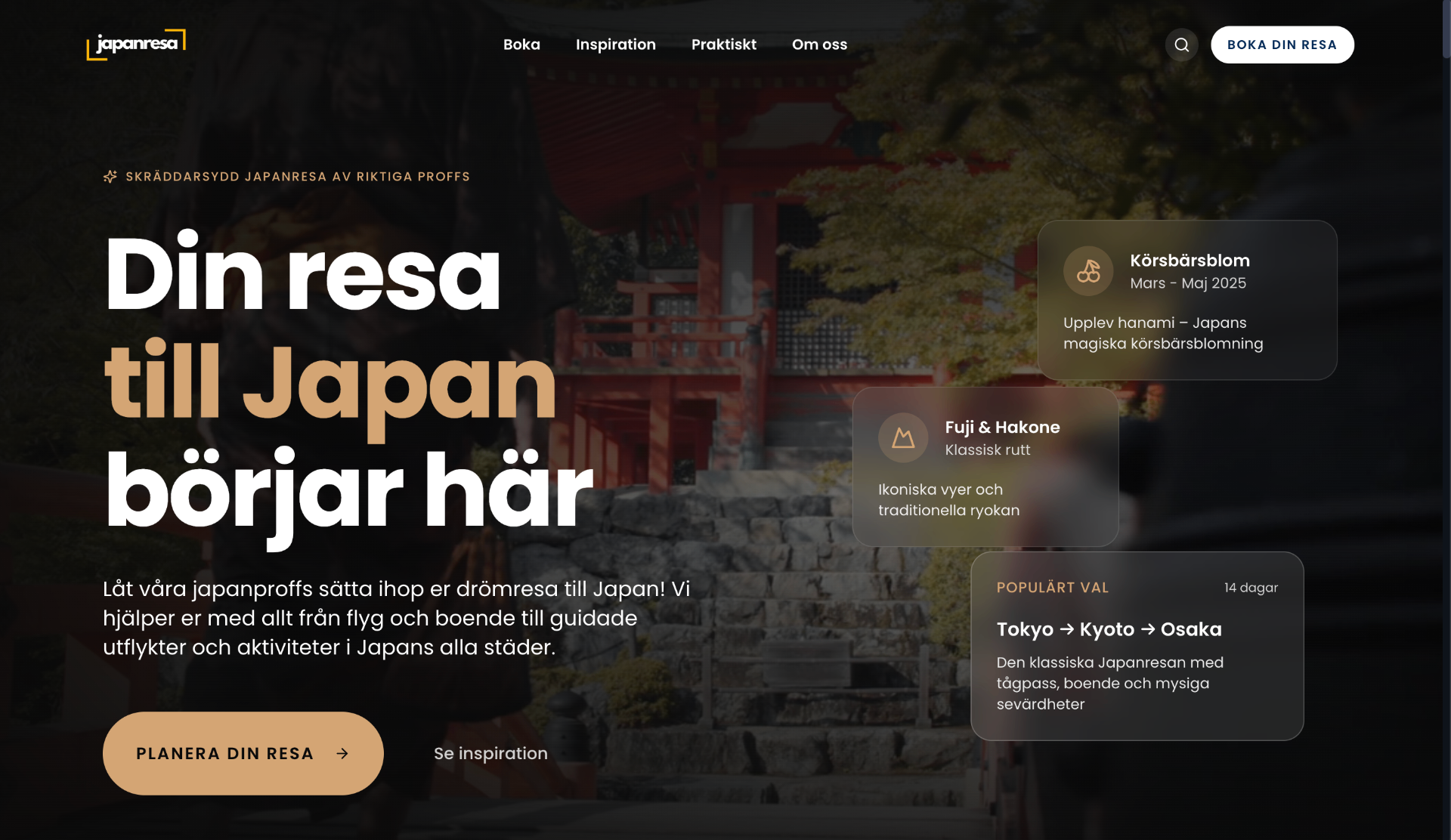 Japanresa - Skräddarsydda resor till Japan för svenska resenärer. Planering av allt från klassiska Tokyo-Kyoto-rutter till äventyr utanför turiststråken.
