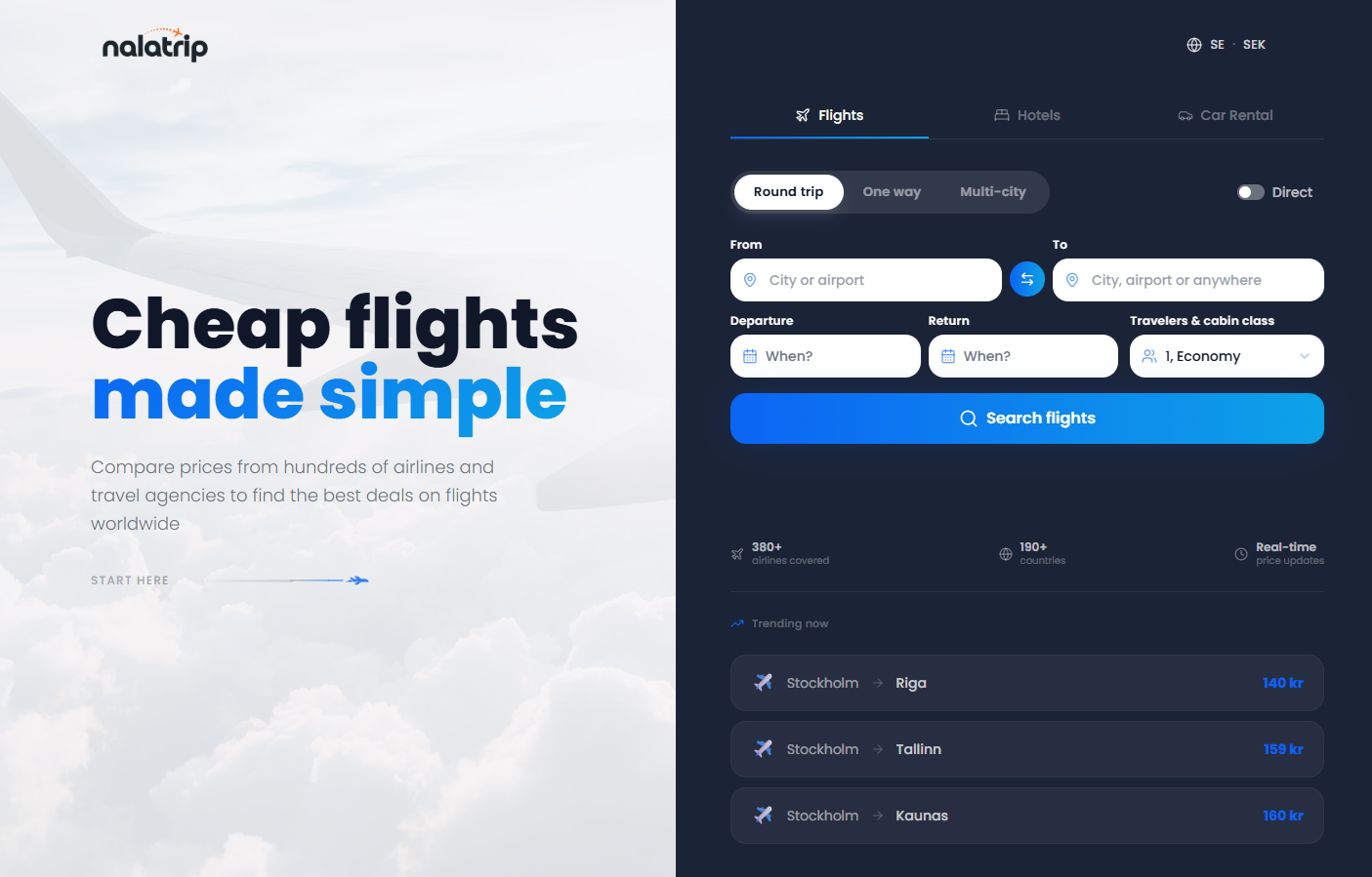 NalaTrip - Reseplattform för att hitta billiga flyg, hotell och hyrbilar världen över. Enkel reseplanering för alla.