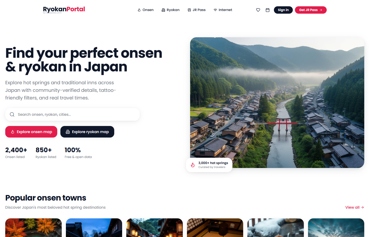 Ryokan Portal - Hitta perfekta onsen och ryokan i Japan. Community-verifierad data med tatueringsvänliga filter och realtidsinformation.